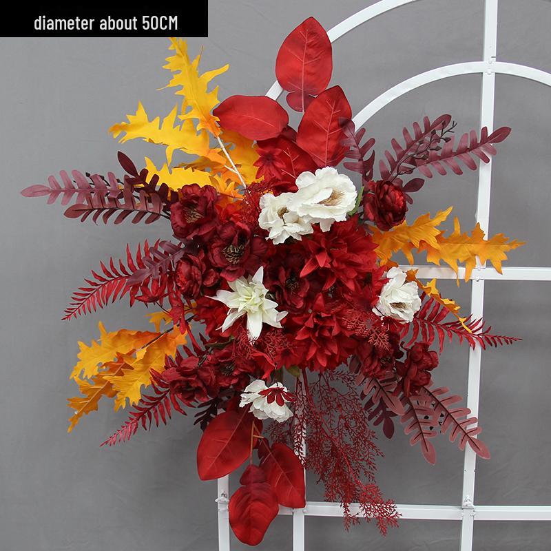 Mori Style Pomelo Leaf Wedding Floral Decor: Red Champagne Dot Flower Row & Corner Aisle Art
