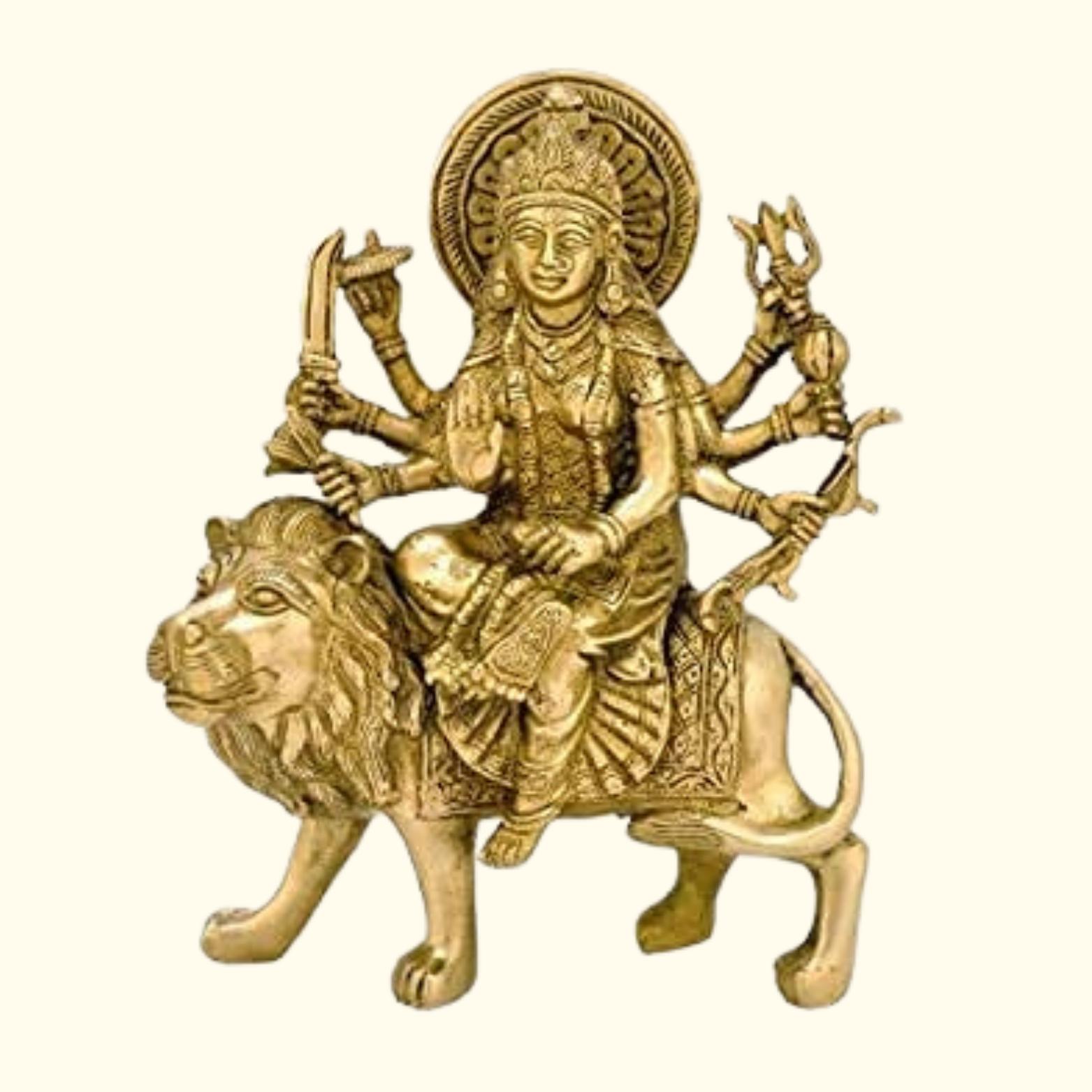 Original Brass Mart Maa Durga On Tiger Figure, Maa Ashtabhuja Idol, Gold Brass