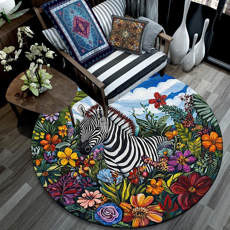 Zebra Round Area Rug,Carpet Rug for Living Room Bedroom Sofa Playroom Decor,Non-slip Floor Mat