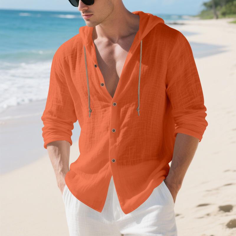 Oversized Shirt - Spring/Autumn Loose-Fit Solid-Colour Linen Men's Casual Long-Sleeved Hooded Cardigan