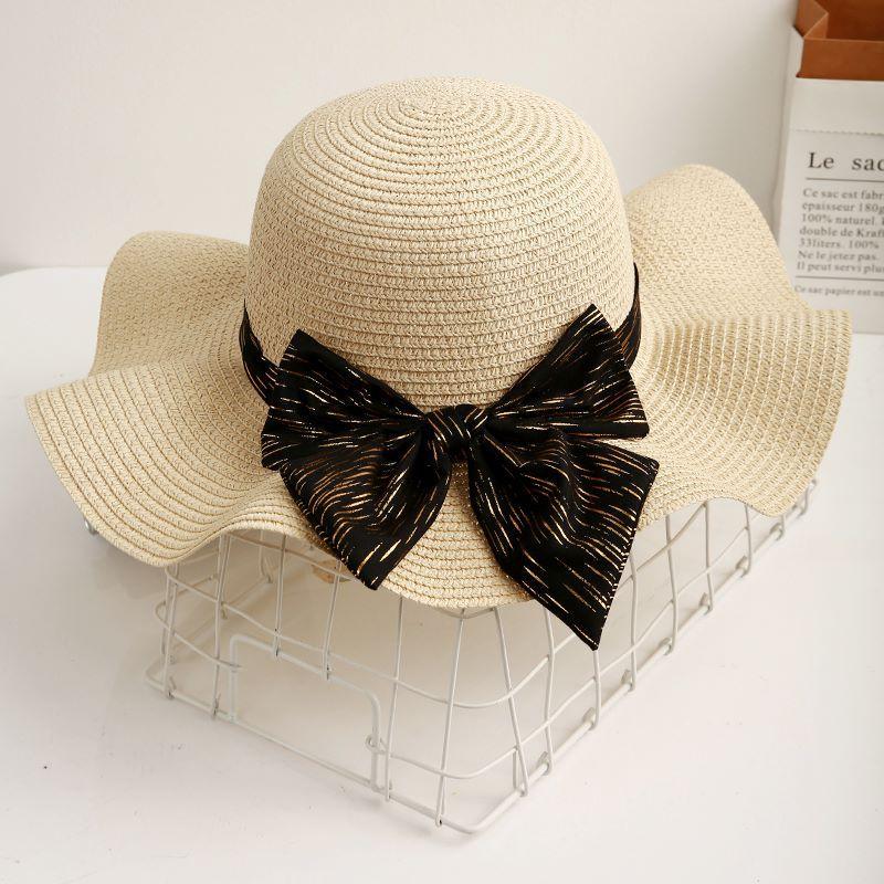 Sweet bow sunscreen beach hat women's spring and summer straw woven wave hat outdoor outing big eaves bucket hat