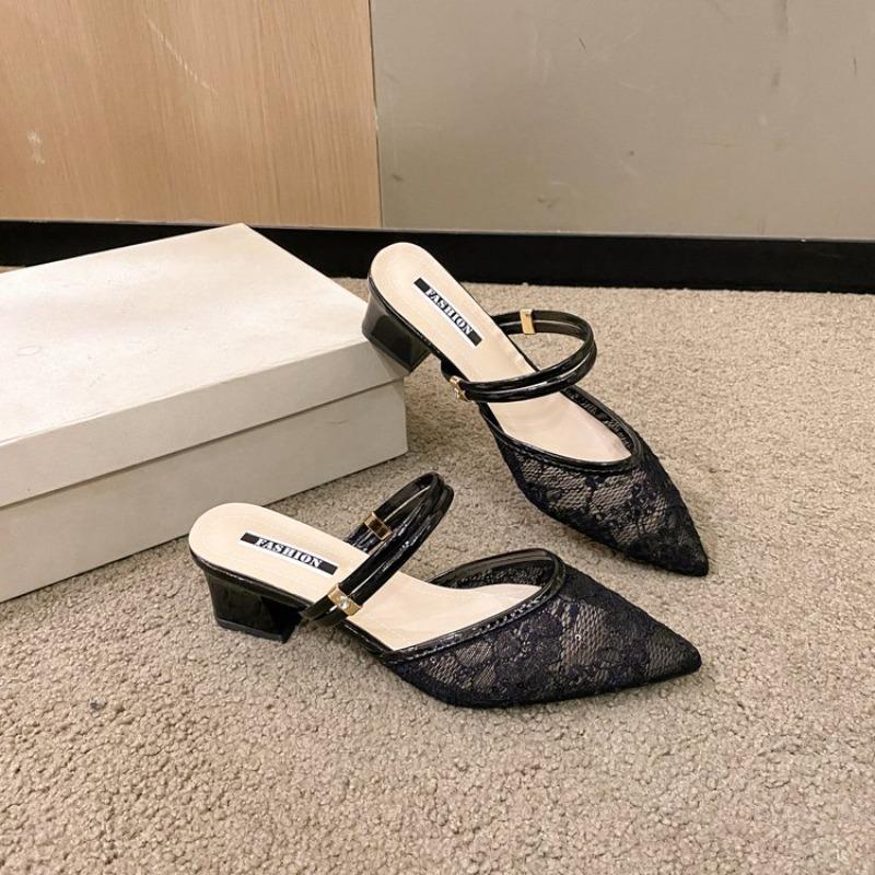 Fashion Large Size Women's Summer Outdoor Sandals Pointed Toe Mesh Upper Thick Heel Slip-On Korean Style Rubber Bottom Flats