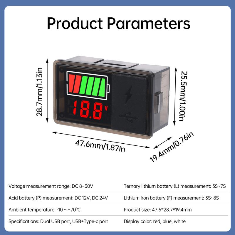 DC 8-30V LED Digital Battery Voltage Capacity Indicator Voltage Monitor Dual USB Type-C for 3S-8S Lithium Iron Lead Acid Battery