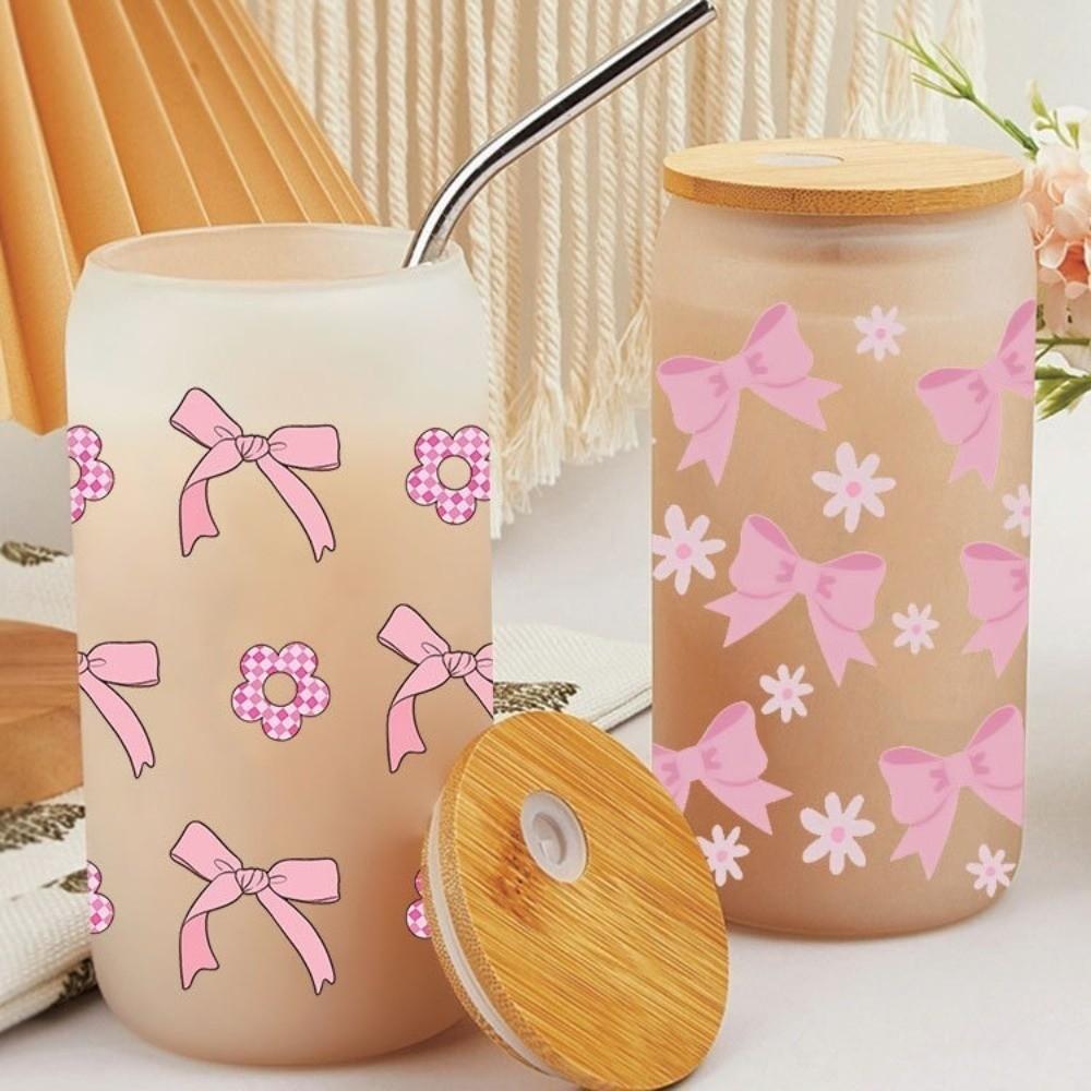 Clear Libbey Glasses Wraps Bow Theme Cup Decals Creative Pink Bow Decals  For 16Oz Glass Cup