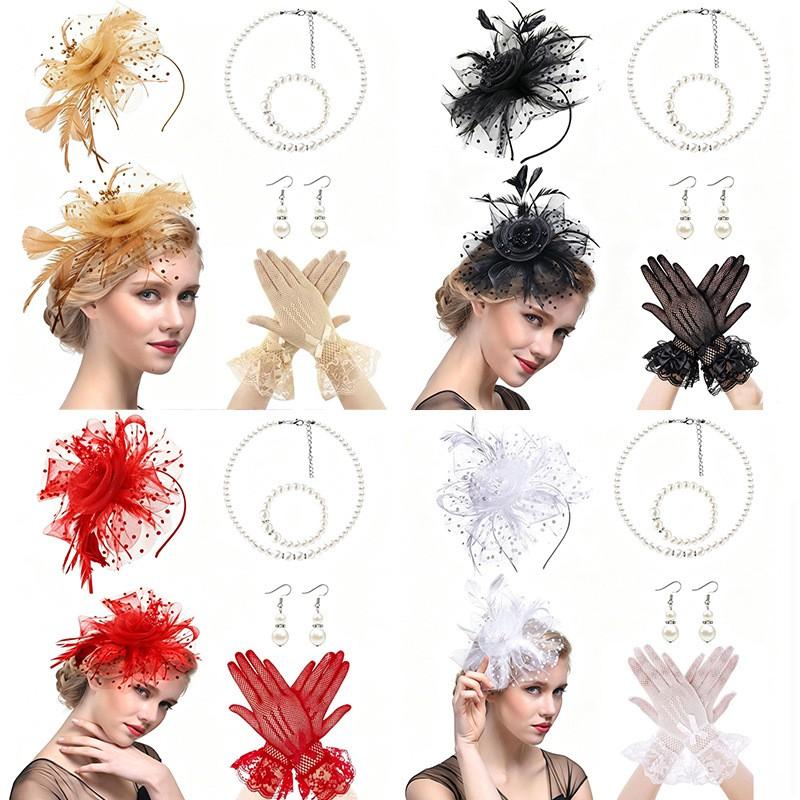 Vintage Bridal Hair Accessories Set Kentucky Derby Feather Headband Gloves Necklace Floral Bow Mesh Wedding