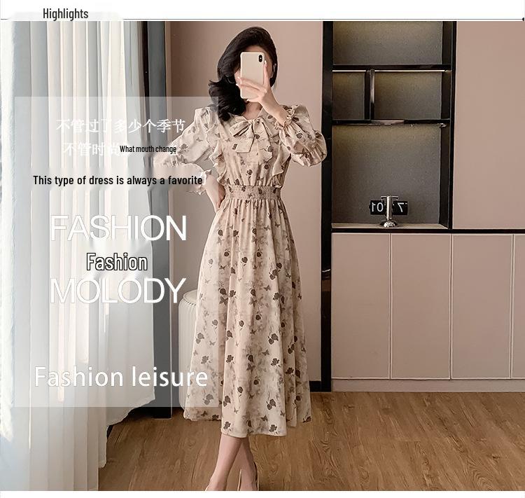 Korean Ruffle Print Chiffon Dress with Puff Sleeves