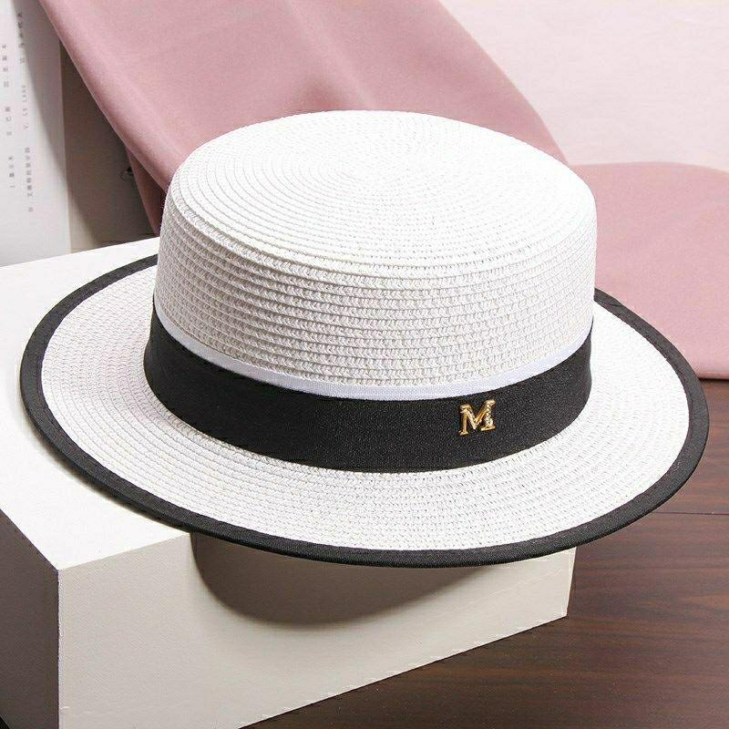 Summer Vacation Hat Women's Strap Alphabet Straw Hat Seaside Sunshade Sunscreen Hat Versatile Flat Top Hat