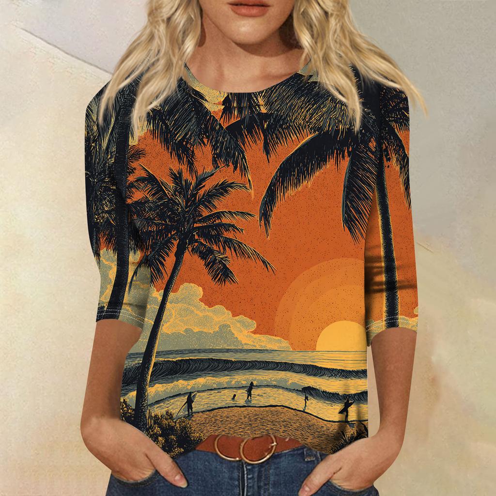 Women's Fashionable Casual Round Neck Three-quarter Sleeve Hawaiian Print T-shirt Top