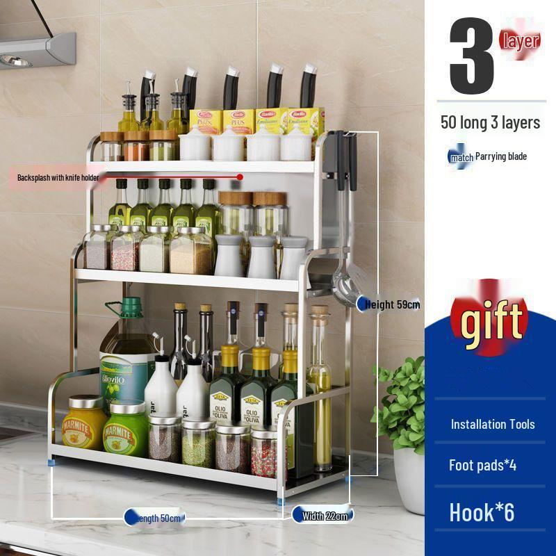 Stainless Steel Multi-layer Kitchen Rack: Spice, Knife Holder & Storage