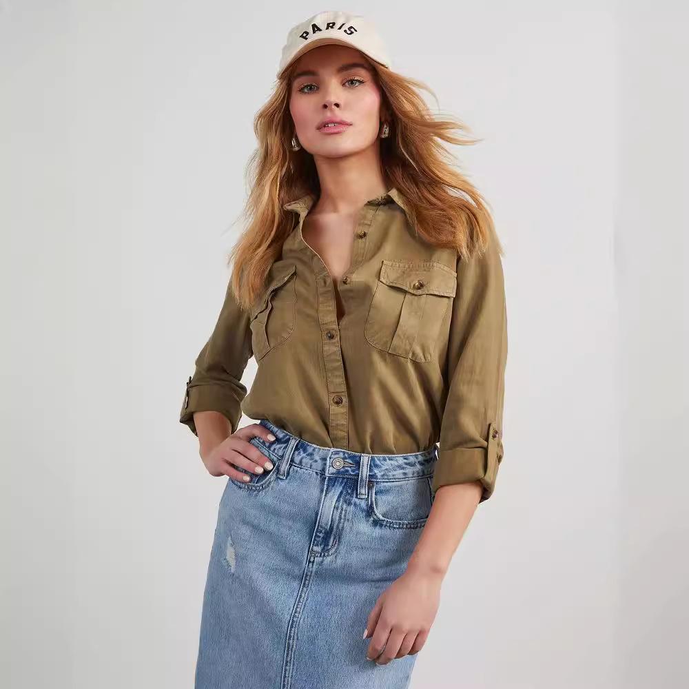 Women's Long-Sleeve Denim Shirt with Turn-Down Collar - Casual, European and American Style (Style 16810)