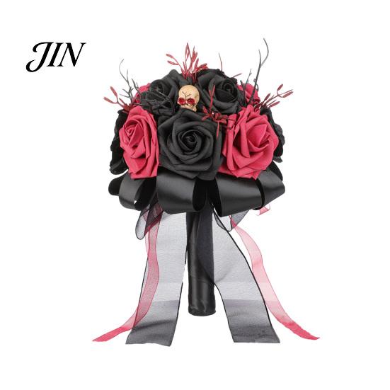 Spooky Wedding Bouquet Gothic Bride Bouquet, Artificial Black Red Rose Flower Party Floral Centerpiece with Skeleton Hand Pumpkin Skull for C