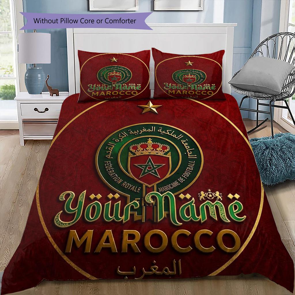 Moroccan Football Crest Custom Name Pattern Bedding Quilt Set Quilt Cover Pillowcase Home Birthday Gift(1 * Duvet Cover + 2 * Pillowcase, Without Core