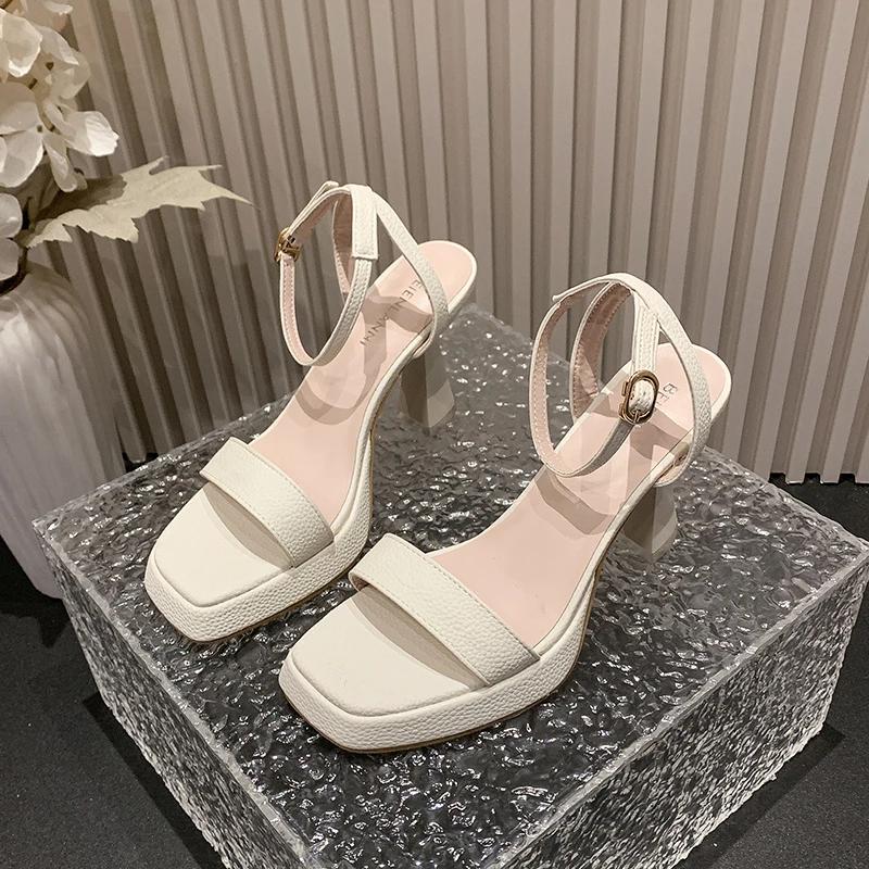 Ladies Shoes 2025 Women's Sandals Thick with A Line with Waterproof Platform Elegant Square Head New Summer Open-toe High Heels