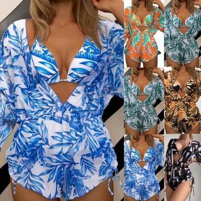 Kadın Modası Bölünmüş Bikini Baskılı Plaj Elbisesi Takımı (Çelik Sütyensiz Göğüs Destekli 3 Takım)