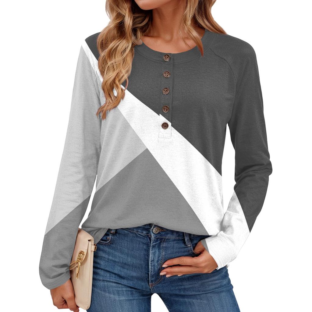 Women's Fashionable Retro Geometric Print Round Neck Long-sleeved Top