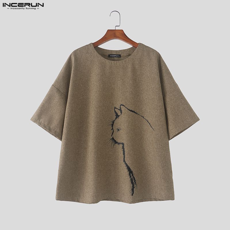 INCERUN Men Oversized O Neck Short Sleeve Print Casual Loose Fit T-shirts Tops College Style