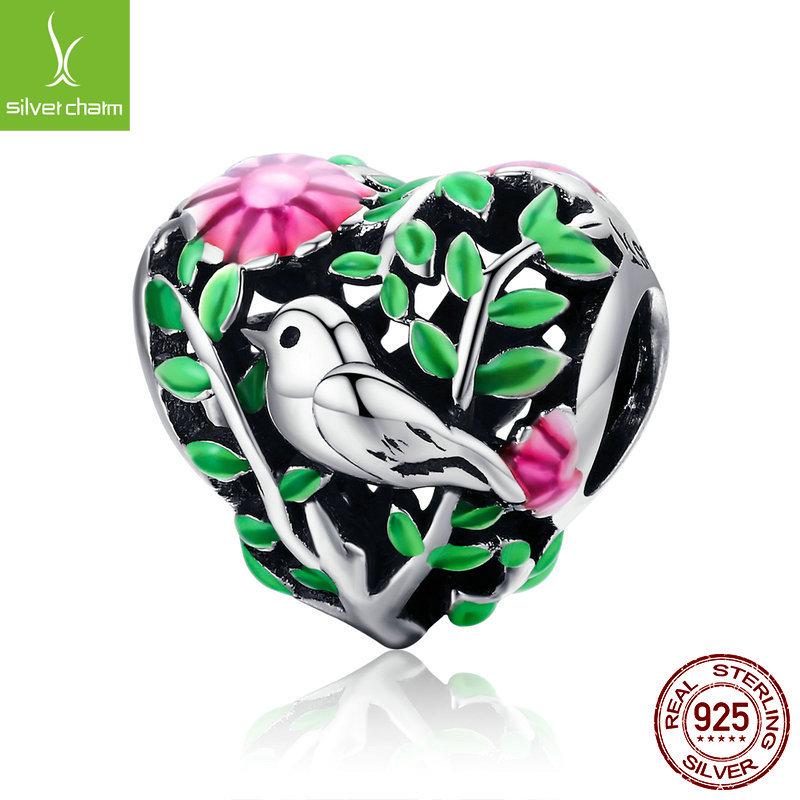 

S925 Sterling Silver Forest Bird Heart-Shaped DIY Bracelet Charm SCC647 Silver