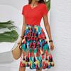 Women's Casual Fashion Belted Floral Print Short Sleeve Round Neck Elegant Dress