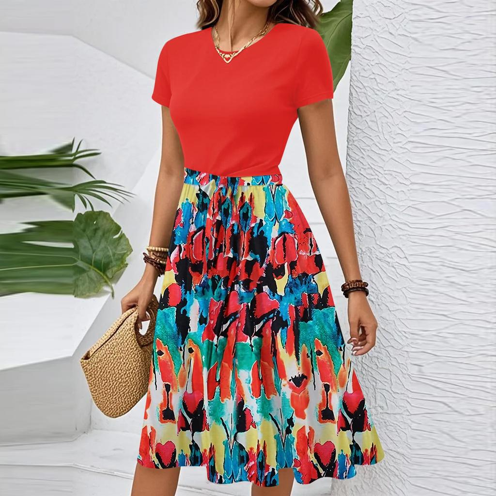 Women's Casual Fashion Belted Floral Print Short Sleeve Round Neck Elegant Dress
