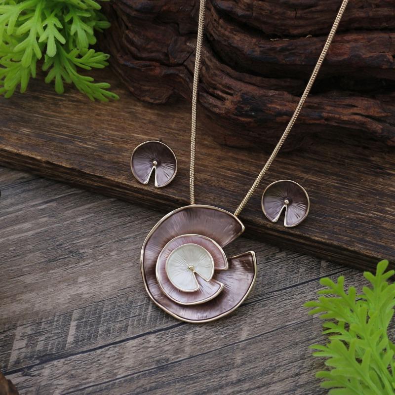 New enamel color irregular lotus leaf stud earrings pendant set women's fashion simple lotus leaf necklace