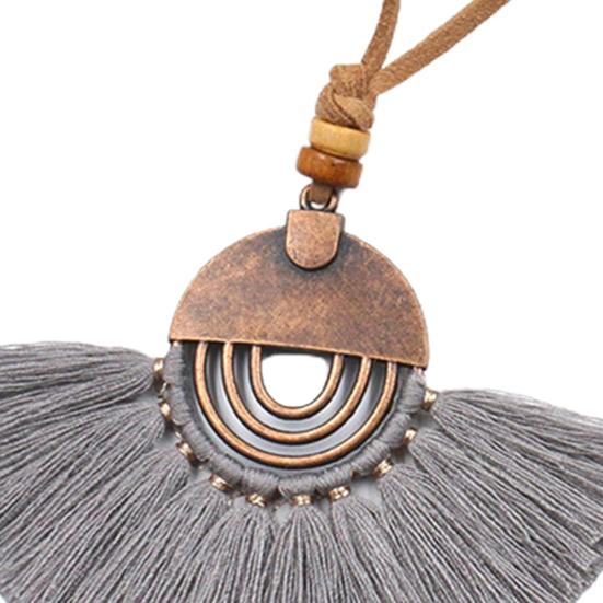Bohemian Ethnic Style Sweater Necklace Alloy Fan Shaped Cotton Thread Tassel Women Necklace Jewelry Accessories