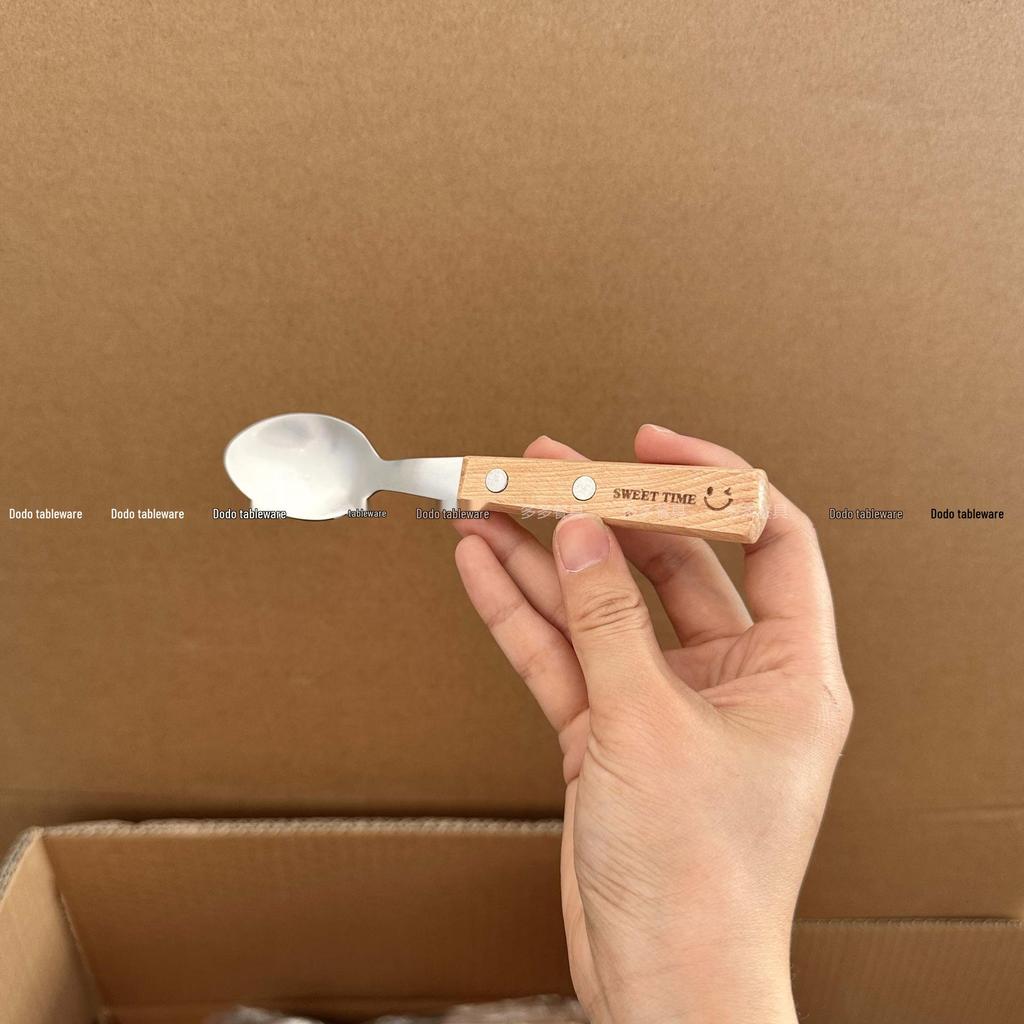 Stainless Steel Cutlery Set with Wood Handles and Smiley Logo - Knife, Fork, Spoon for Desserts and Dining.