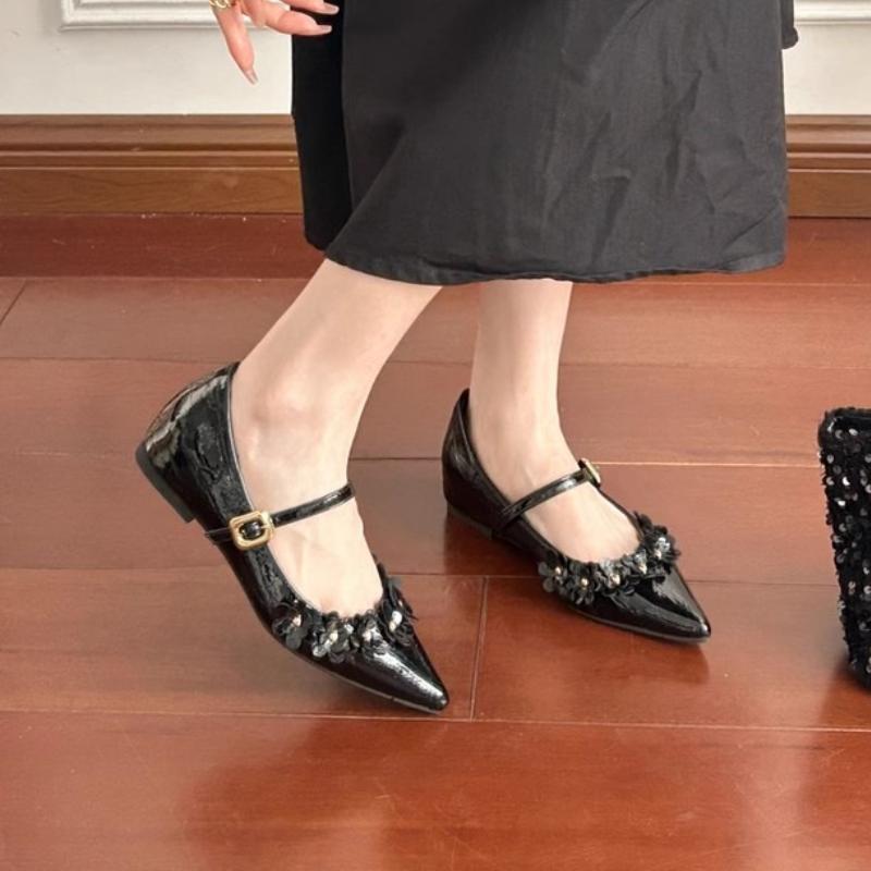 Mode Blume Kristall Damen Schuhe mit Absatz Luxus Mittelhohe Absätze Spitzzehen Schnallensandalen 2025 Sommer Designer Pumps Flache Zapatos Mujer