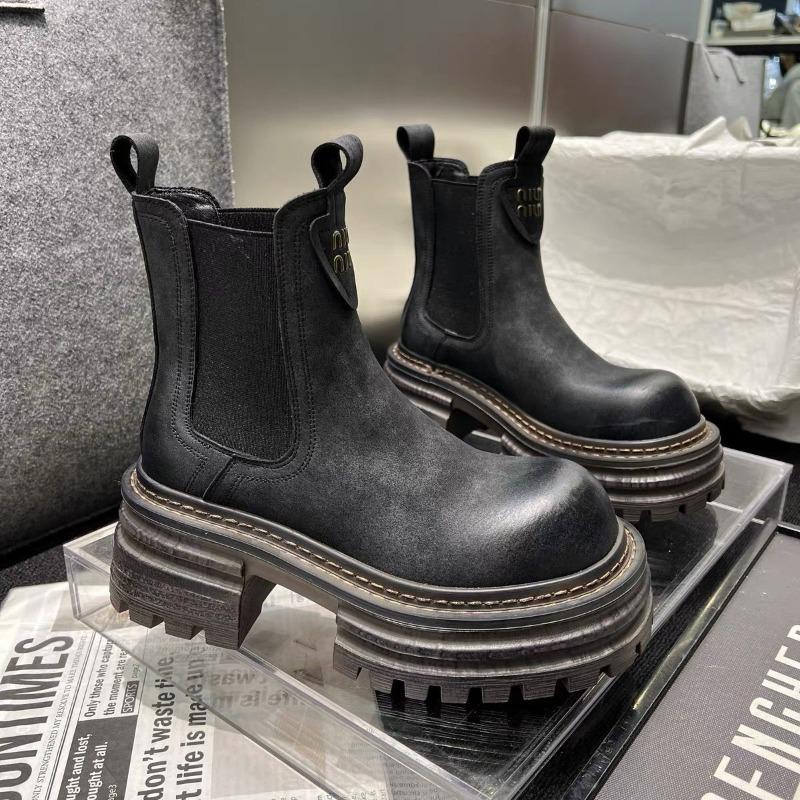 Martin Boots Women's Autumn and Winter New Thick-soled Round Head Thick Heel Versatile Polished Chelsea Boots Short Boots