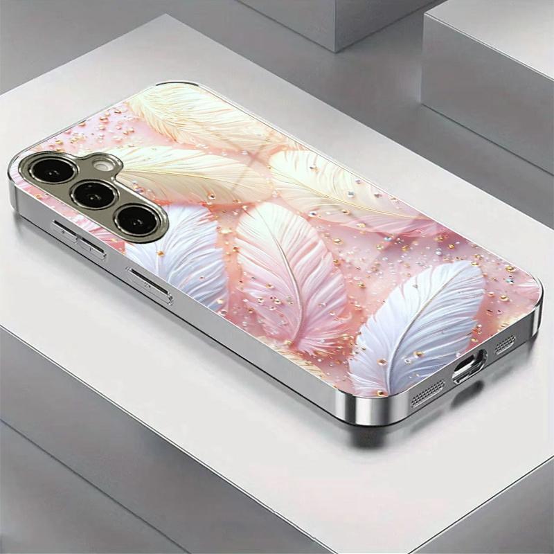 Vergoldetes gehärtetes Glas Handyhülle für Samsung Galaxy S26  S25  S24  S23  und S22 Ultra Plus. Rosa Federdesign.