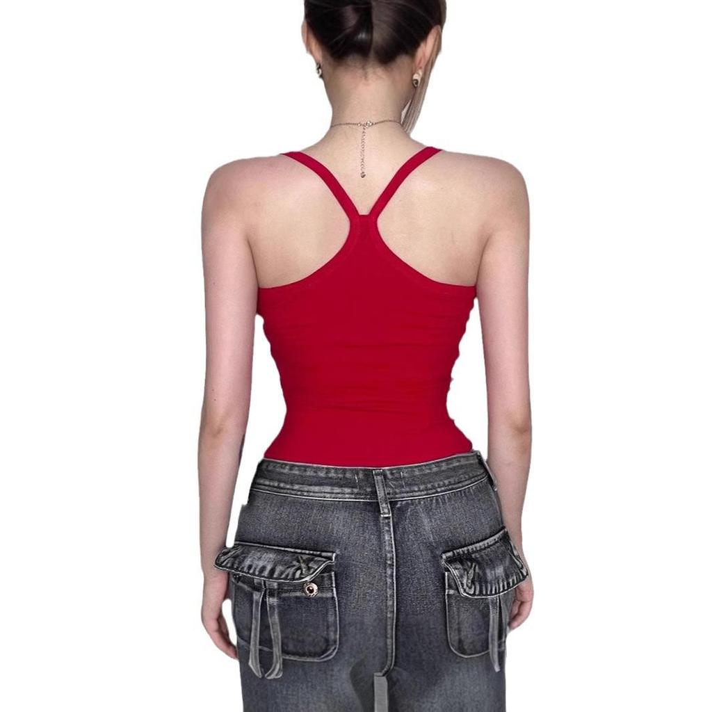 Red Spaghetti Strap Crop Top Jumpsuit with Letter Embroidery