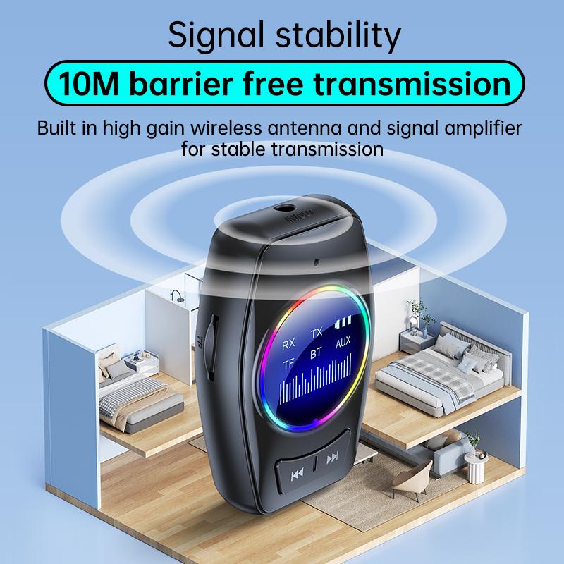 Bluetooth 5.4 Audio Transmitter Receiver RGB LED Display Hifi Stereo Music Wireless Adapter 3.5MM AUX TF With Mic For TV PC Car