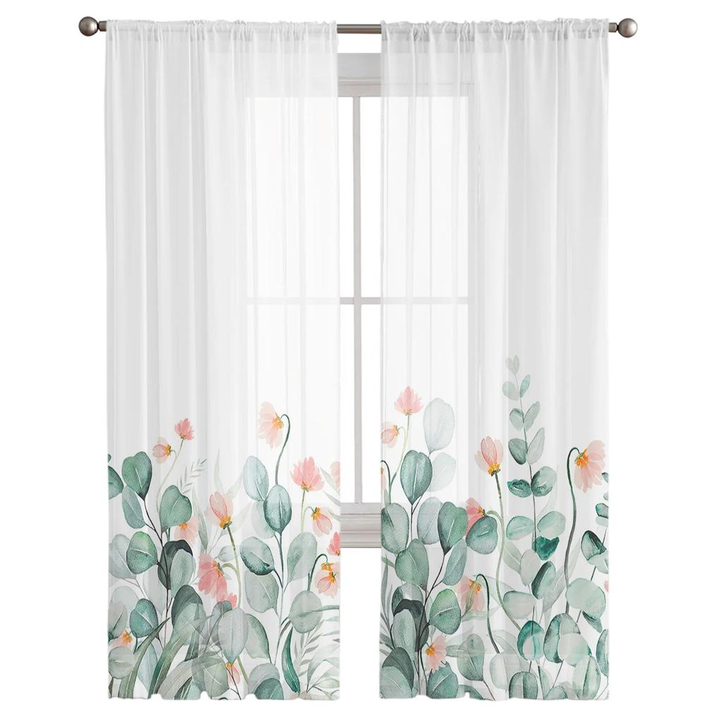 Idyllische Blume Eukalyptus Blätter Gardinen für Wohnzimmer Schlafzimmer Tüll Vorhang für Küche Voile Vorhang Blindplatten