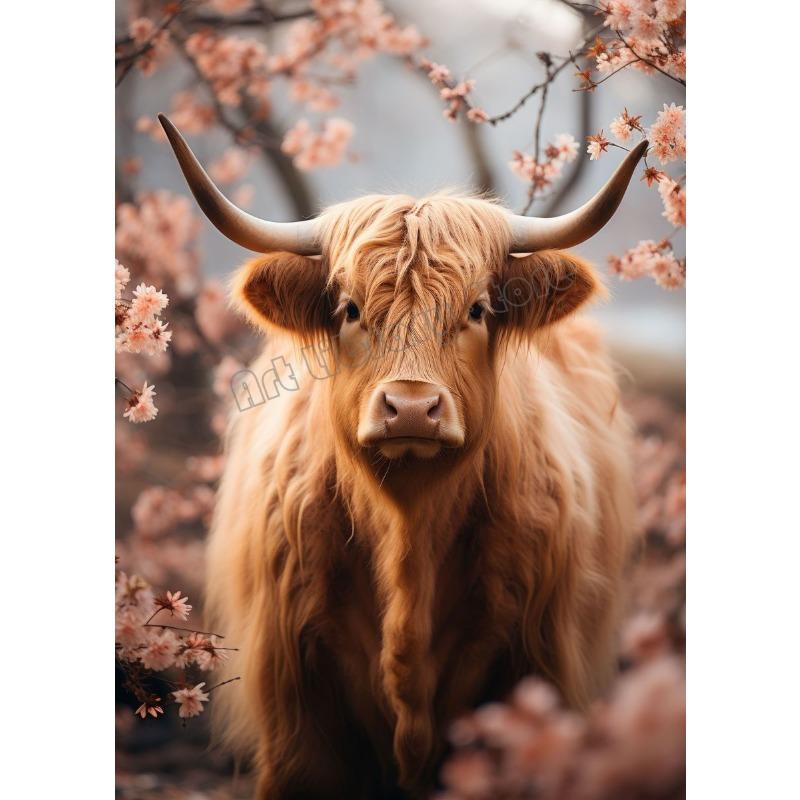 Scottish Highland Cow In Flowers Portrait Cute Wild Animals Poster Canvas Painting Wall Art Pictures Home Farmhouse Decor Gift