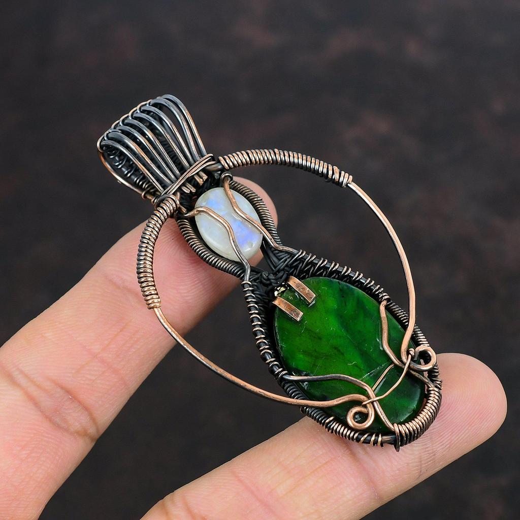 Green Fire Labradorite Pendant Copper Wire Wrapped Pendant Handmade Copper Jewelry Moonstone Gemstone Pendant Gift For Mom Wire Wrap Jewelry