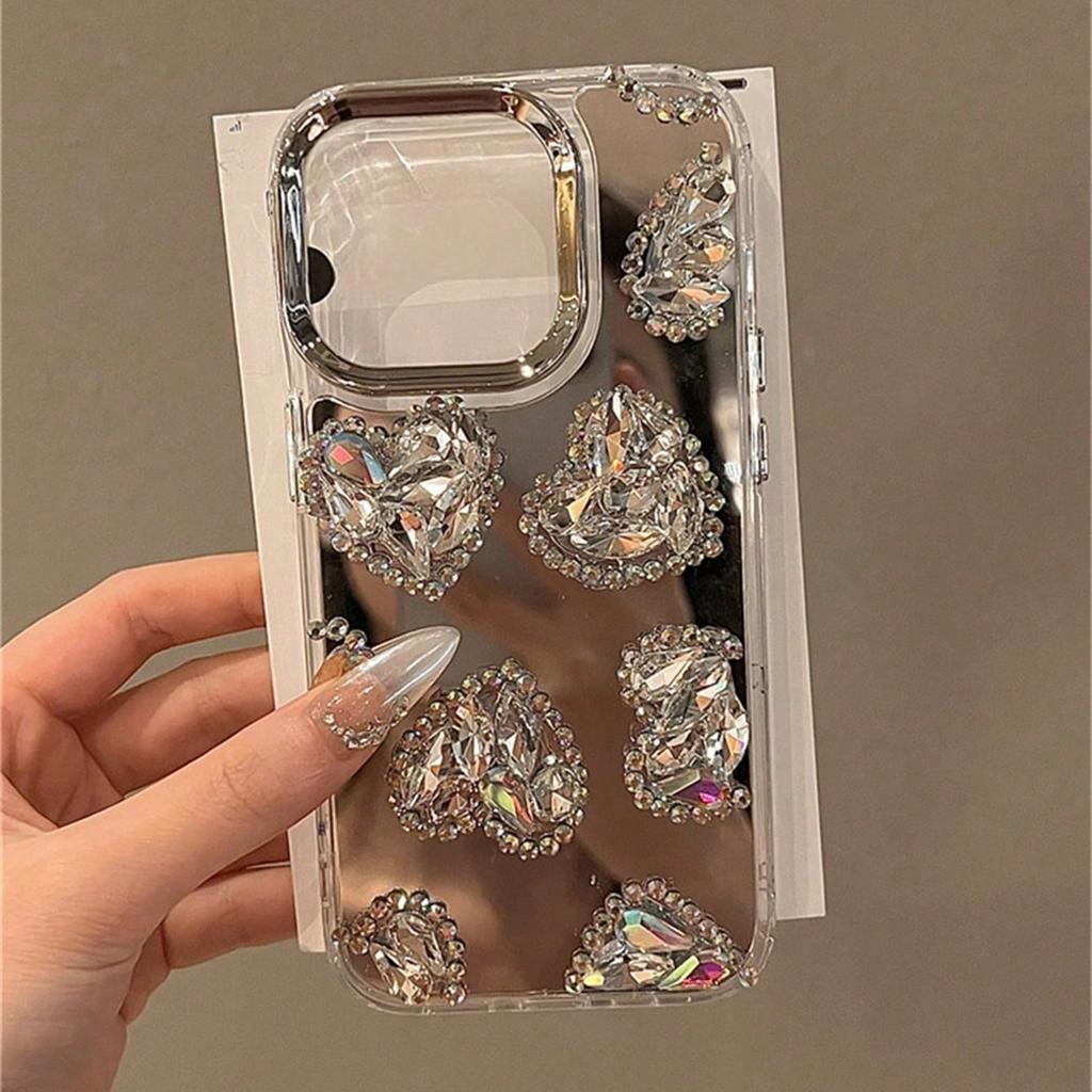 Mirror Love Phone Case For iPhone 16 15 14 13 12 11 Pro Max Fashion Rhinestone Phone Case