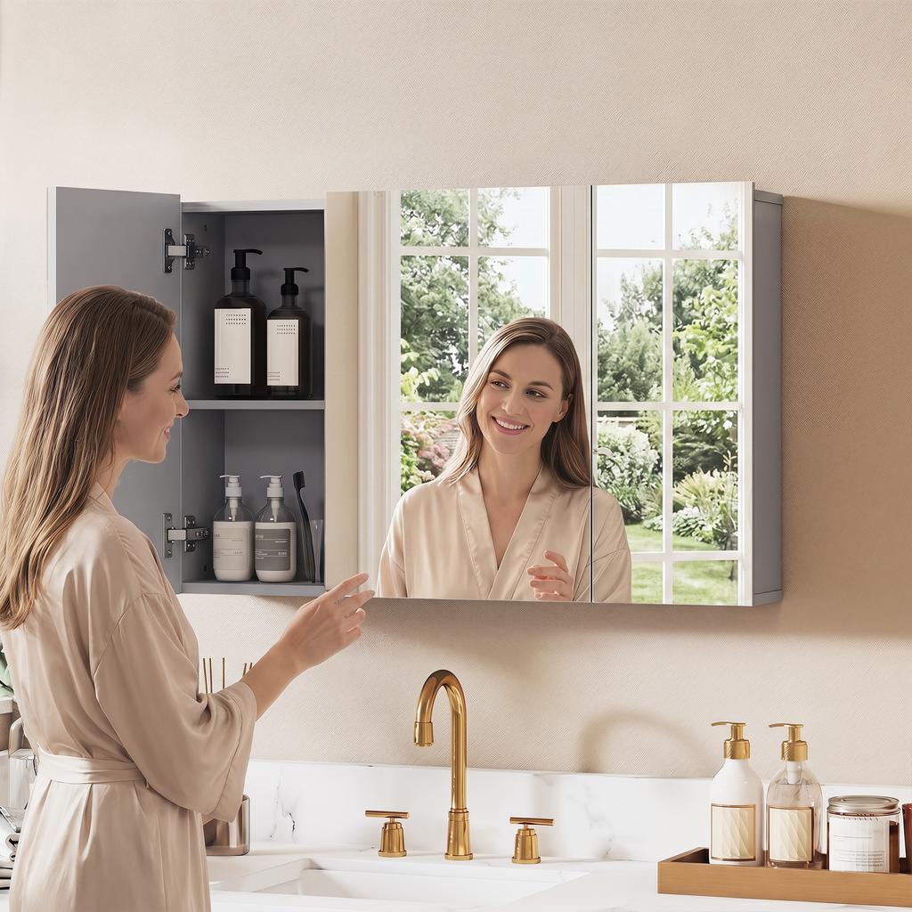Wall-Mounted Bathroom Mirror Cabinet, Medicine Cabinet with 3 Doors, Adjustable Shelves, Grey