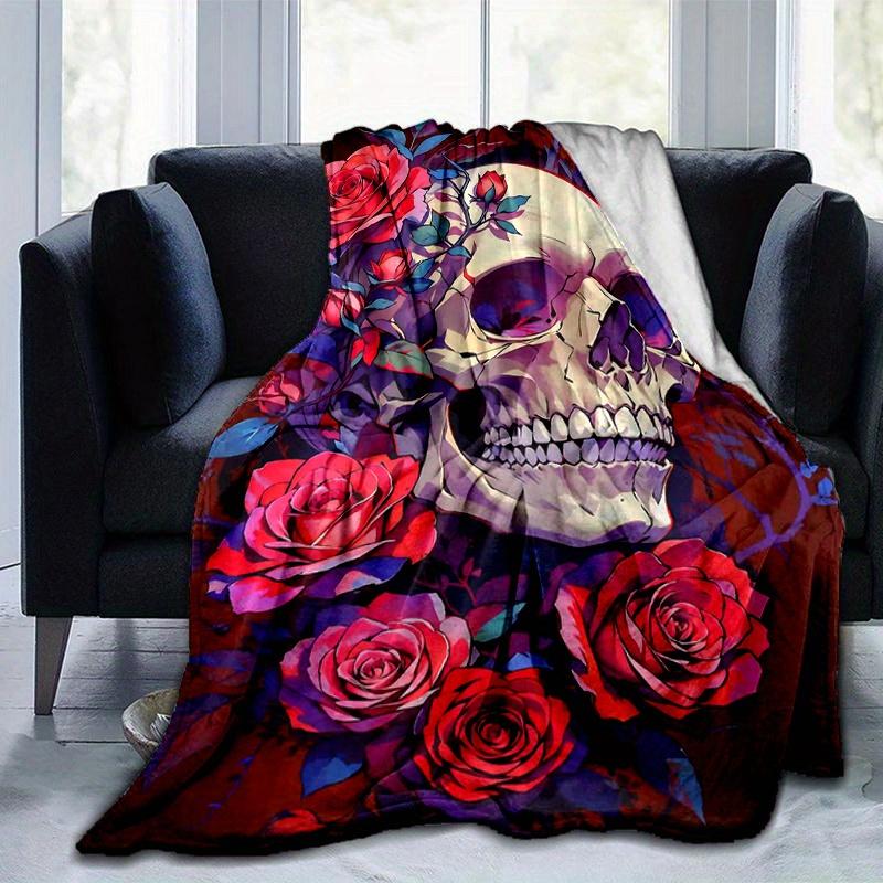 1pc Skull and Roses Cartoon Blanket  Soft Throw for Room Decor, Perfect Gift for Friend, Living Room, Travel, Camping, Car Blankets