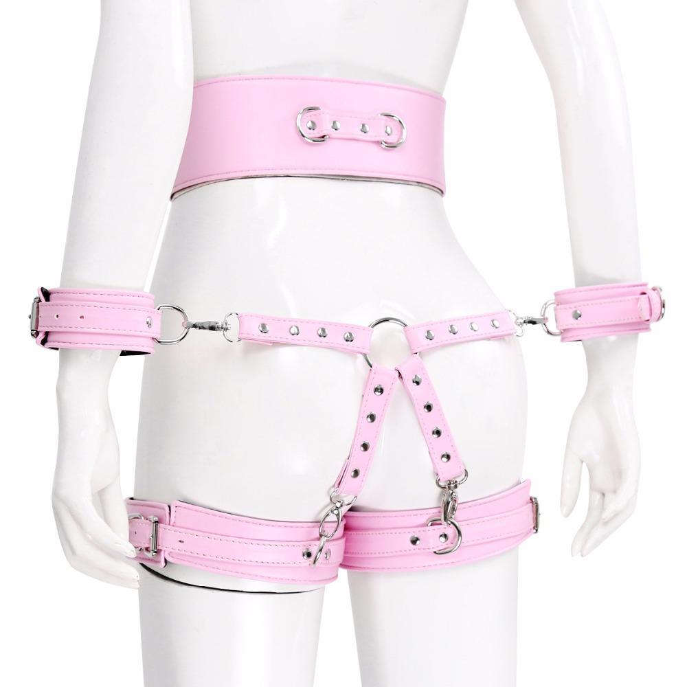 Bundle set includes waist belt, wrist and thigh covers, cross buckle, adult game restraint device, handcuffs, leg covers, and sex toys