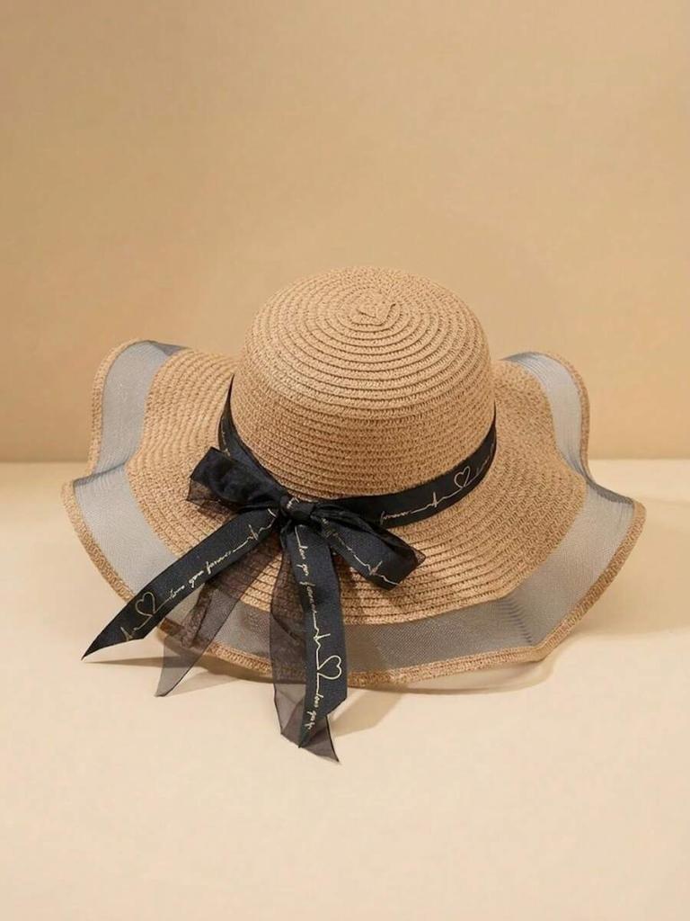 Womens Straw Sun Hat With Black Bow Decor Bohemian Beach Travel Hat