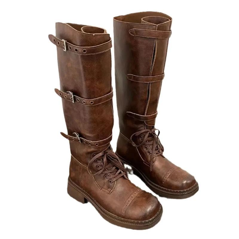 Nové 2025 Podzimní Vintage Kozačky Dámské Westernové Kovbojské Kozačky Designérské Střední Podpatek Nazouvací Dlouhé Kožené Rytířské Kozačky Jezdecké Kozačky