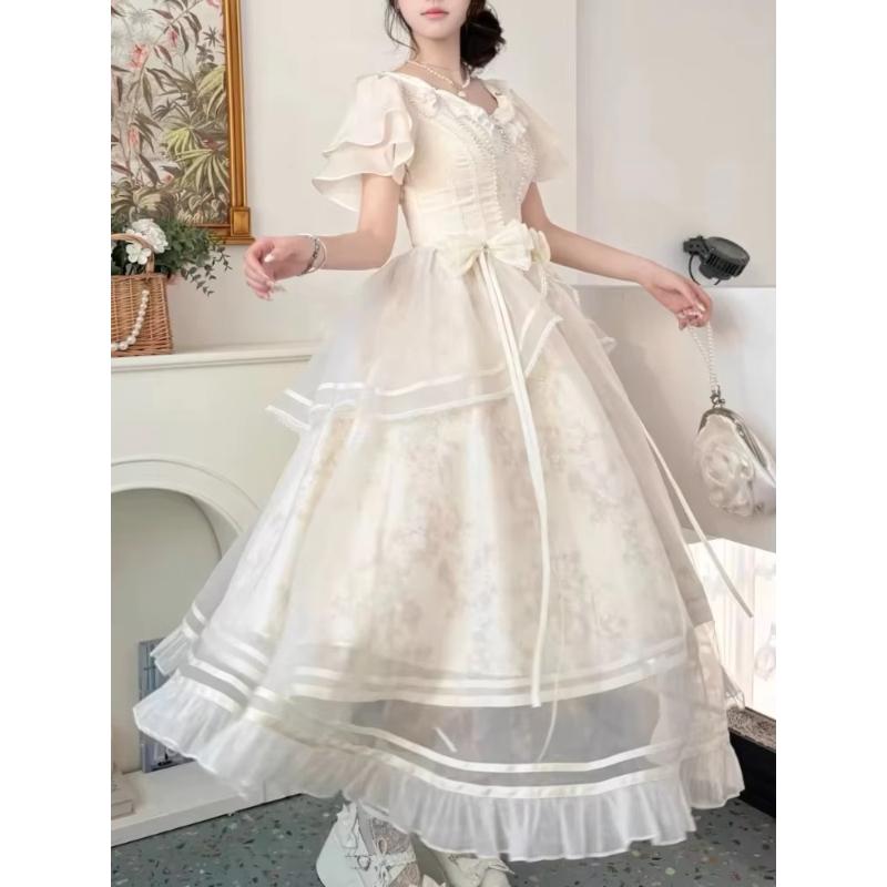Waldstil Süßes Vintage Schleifendesign Kleid Damen Slim Fit A-Linie Langes Kleid Französisch Elegant Fee Prinzessin Abschlussball Kleidung