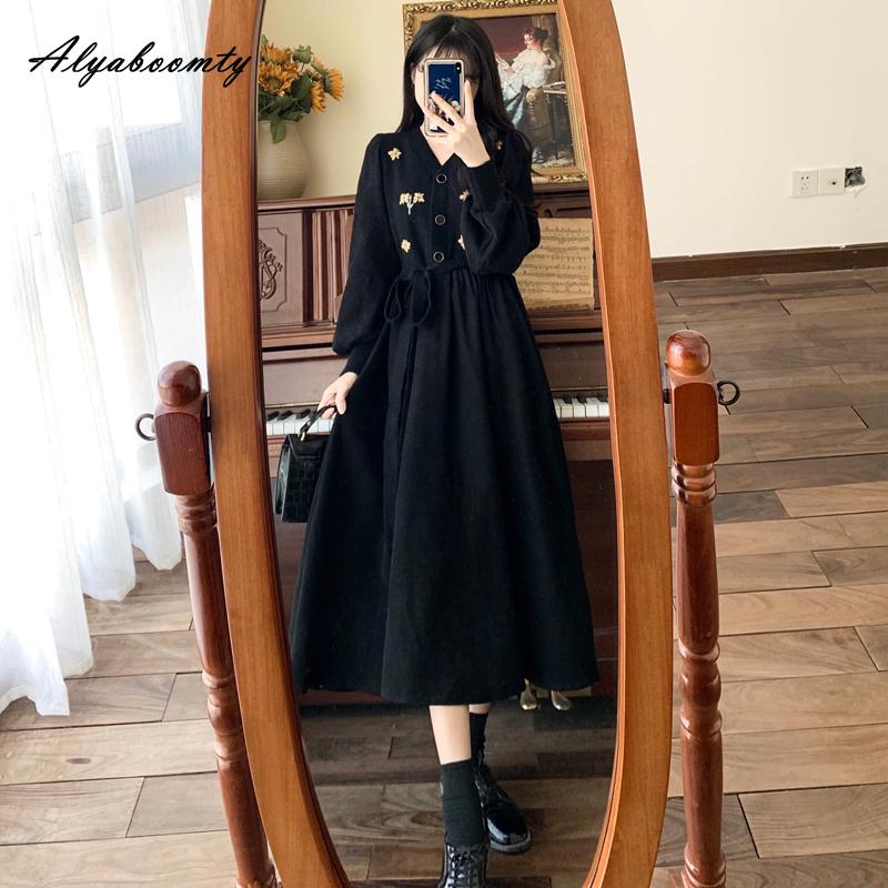 Korean Style Autumn Winter Women Midi Dress V Neck Knitting Floral Patchwork Corduroy Dress Vintage Long Sleeve Elegant Dress