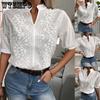 Female V-neck Stand Up Collar Embroidered Lace Top Shirt Long Sleeved Shirt