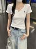 Summer new Korean version bm slim-fit half-open V-neck versatile embroidered design sense pure cotton short-sleeved T-shirt top women