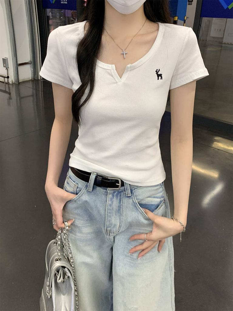 Summer new Korean version bm slim-fit half-open V-neck versatile embroidered design sense pure cotton short-sleeved T-shirt top women
