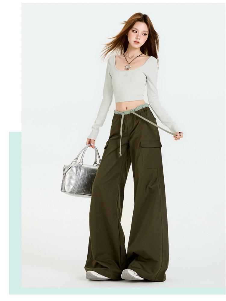 Women s Summer Green Cargo Pants - American Style, Elastic Waist, Drawstring, Multi-Pocket, Casual Wide Leg Design XL