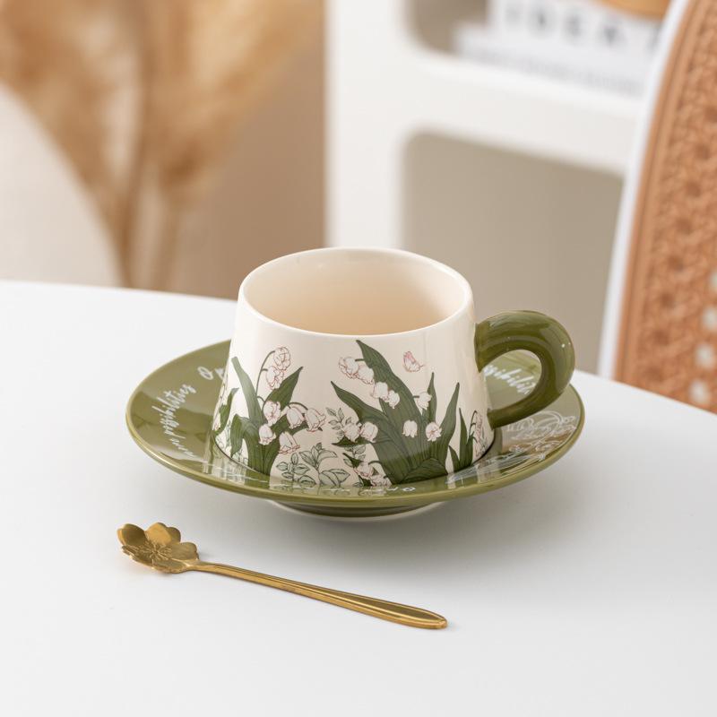 Linglong Flower Coffee Cup Saucer Set High Value Ceramic Mug Original Watercolor Fashion Ceramic Coffee Cup Saucer