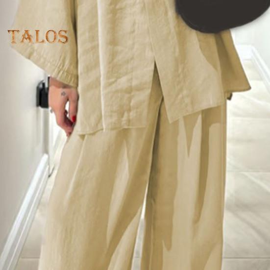 Dámský bavlněno-lněný dvoudílný outfit s dlouhým rukávem, top s výstřihem do V a zapínáním na knoflíky, široké kalhoty, ležérní souprava na doma