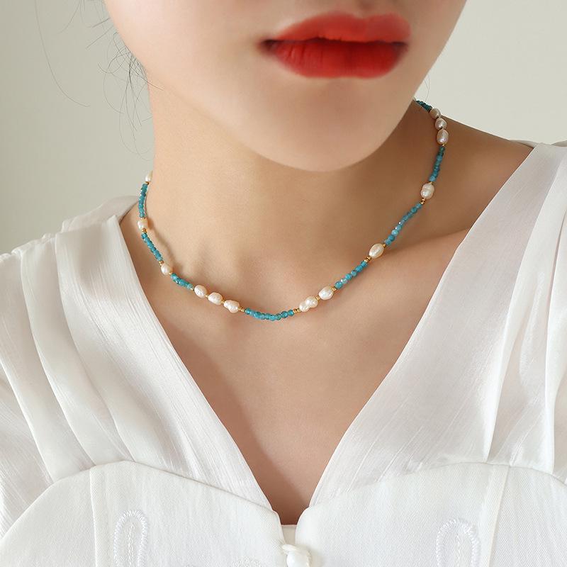 European-American Fashion Blue Stone & Freshwater Pearl Necklace