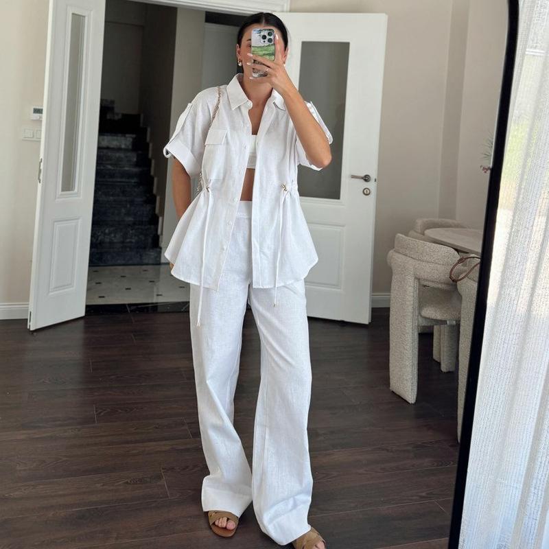 Women's Casual Summer Two-Piece Set: Short-Sleeve Pocket Shirt & Long Pants